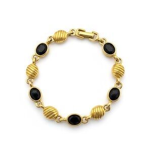 Vintage Textured Gold Ribbed Bead and Black Stone Bracelet